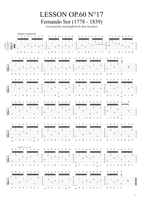Lesson Opus 60 n°17 - Fernando Sor tablature
