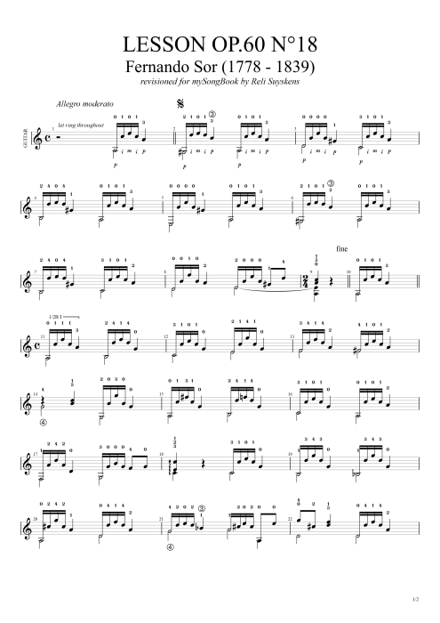 Lesson Opus 60 n°18 - Fernando Sor tablature