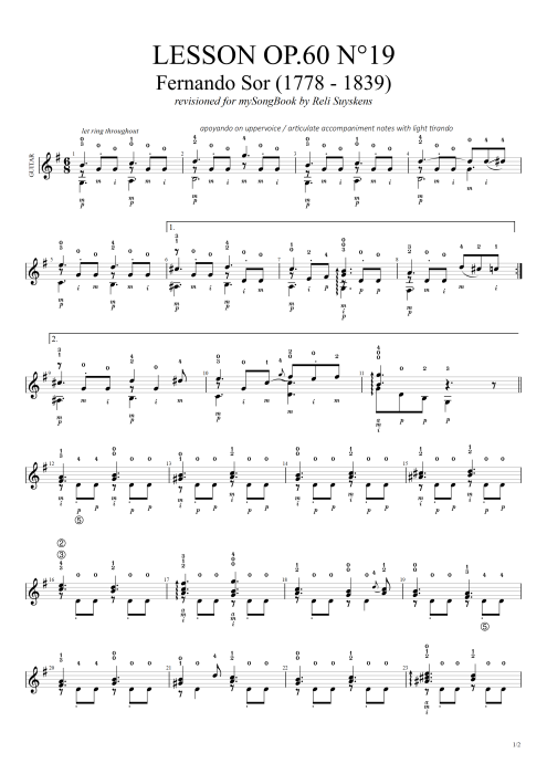 Lesson Opus 60 n°19 - Fernando Sor tablature