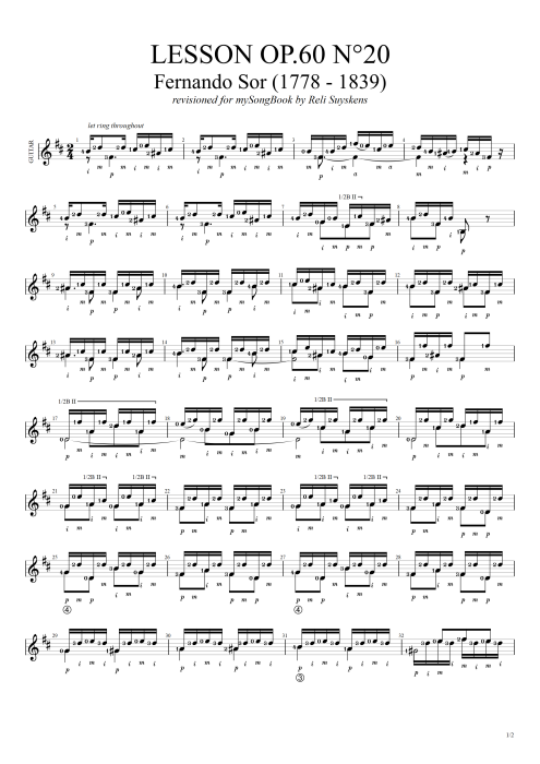 Lesson Opus 60 n°20 - Fernando Sor tablature