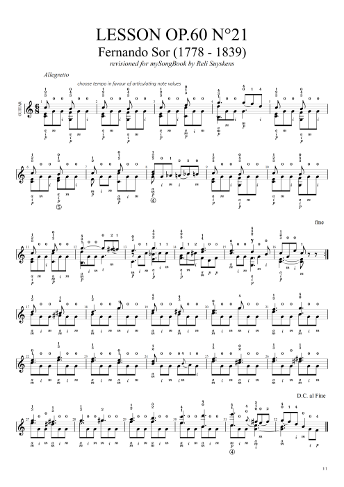Lesson Opus 60 n°21 - Fernando Sor tablature