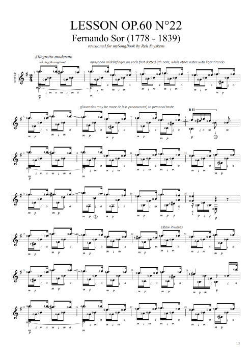 Lesson Opus 60 n°22 - Fernando Sor tablature