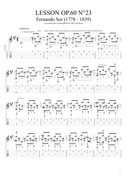 Lesson Opus 60 n°23 - Fernando Sor tablature