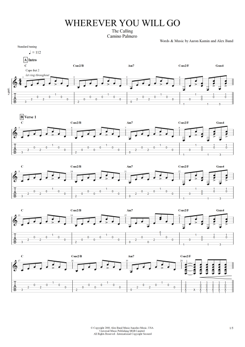 Wherever You Will Go - The Calling tablature