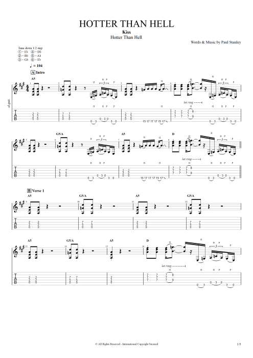 Hotter Than Hell - Kiss tablature