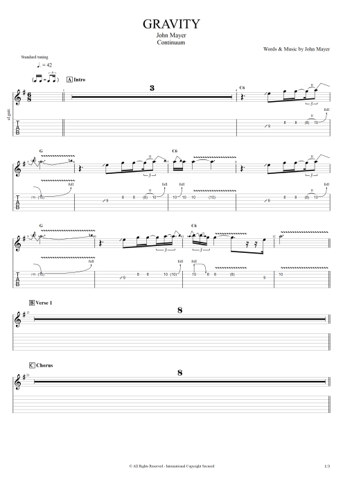 Gravity - John Mayer tablature