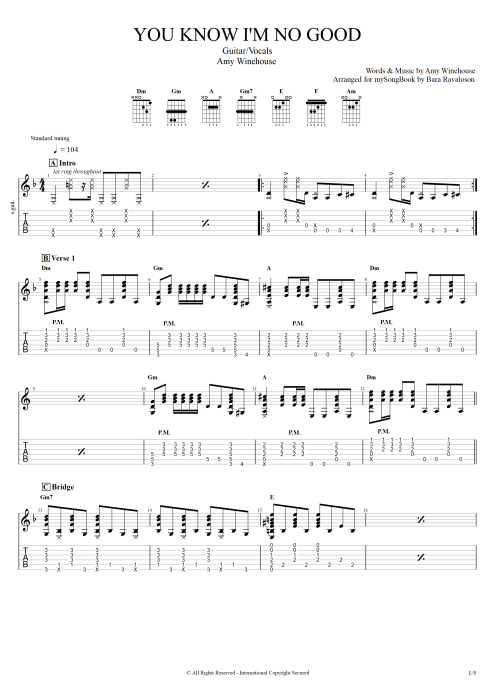 You Know I'm No Good - Amy Winehouse tablature