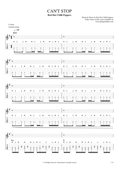 Can't Stop - Red Hot Chili Peppers tablature