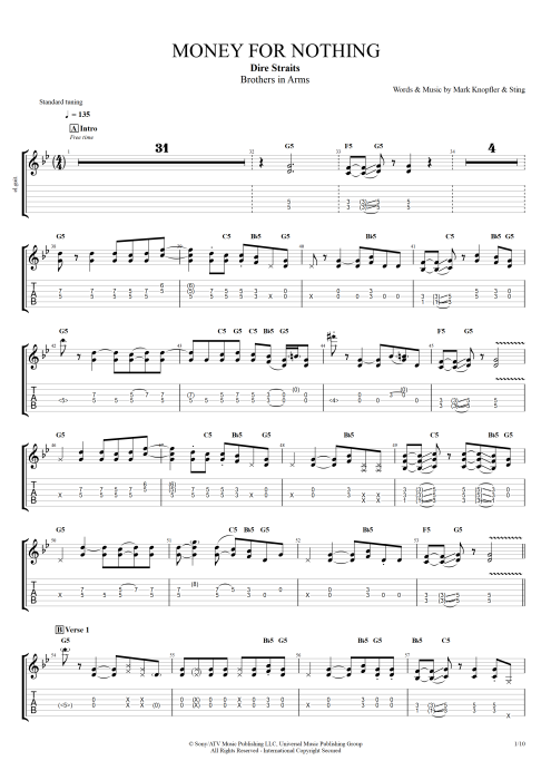 Money for Nothing - Dire Straits tablature