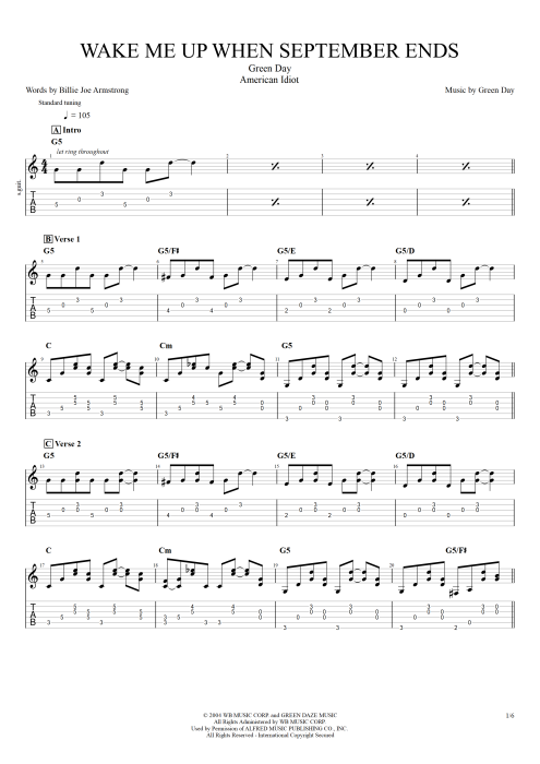Wake Me Up When September Ends - Green Day tablature