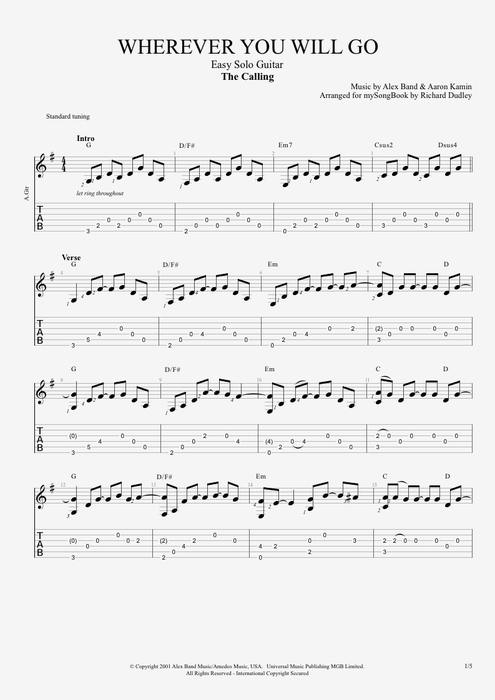 Wherever You Will Go - The Calling tablature