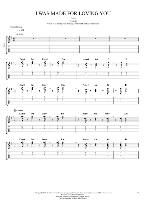 I Was Made for Loving You - Kiss tablature