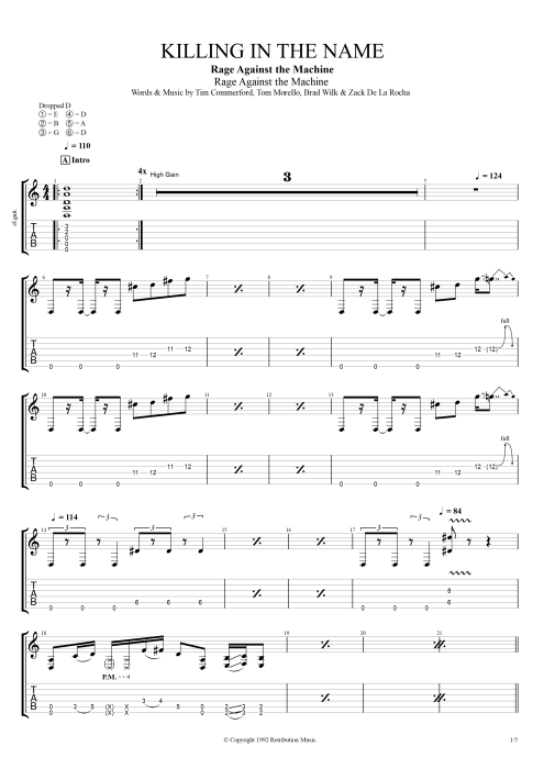 Killing in the Name - Rage Against the Machine tablature