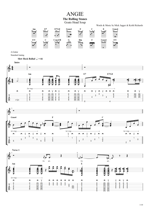 Angie - The Rolling Stones tablature