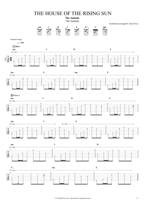 The House of the Rising Sun - The Animals tablature
