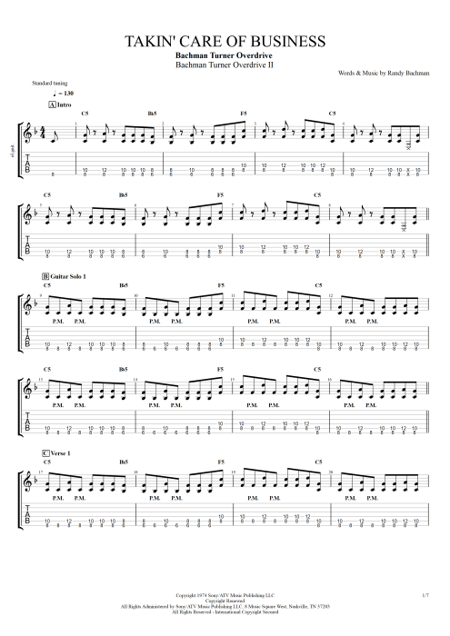 Takin' Care of Business - Bachman Turner Overdrive tablature