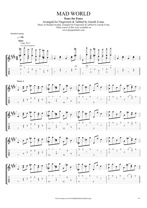 Mad World - Tears for Fears tablature