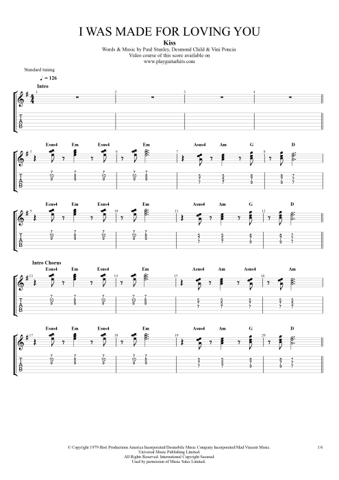 I Was Made for Lovin' You - Kiss tablature