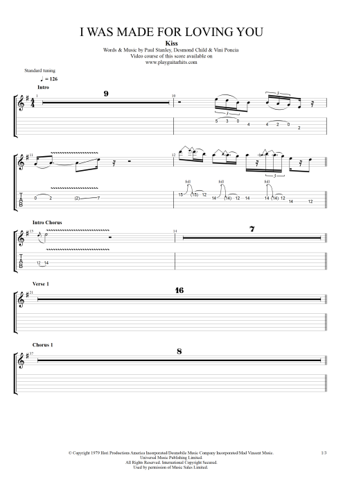 I Was Made for Lovin' You - Kiss tablature