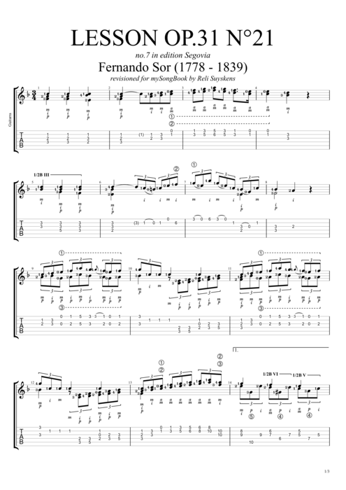 Lesson Op.31 no.21 - Fernando Sor tablature