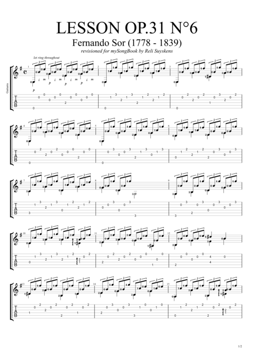 Lesson Op.31 no.6 - Fernando Sor tablature