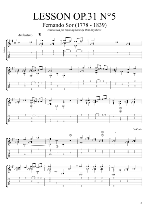Lesson Op.31 no.5 - Fernando Sor tablature