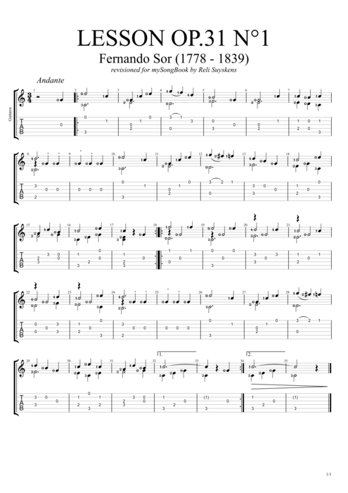 Lesson Op.31 no.1 - Fernando Sor tablature