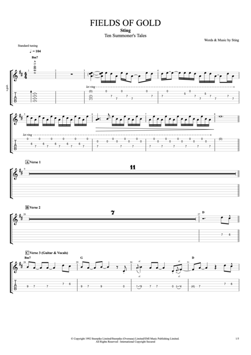 Fields of Gold - Sting tablature