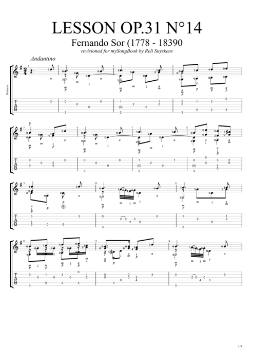 Lesson Op.31 no.14 - Fernando Sor tablature
