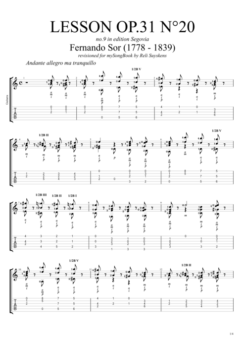 Lesson Op.31 no.20 - Fernando Sor tablature