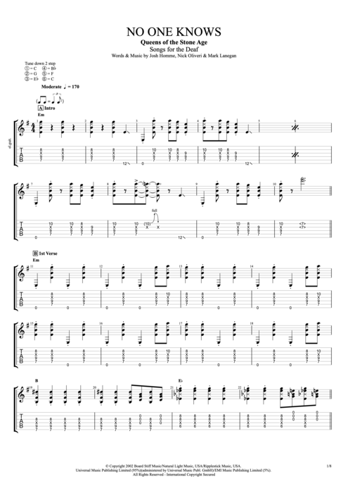 No One Knows - Queens of the Stone Age tablature