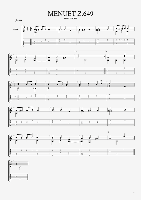 Menuet Z.649 - Henry Purcell tablature