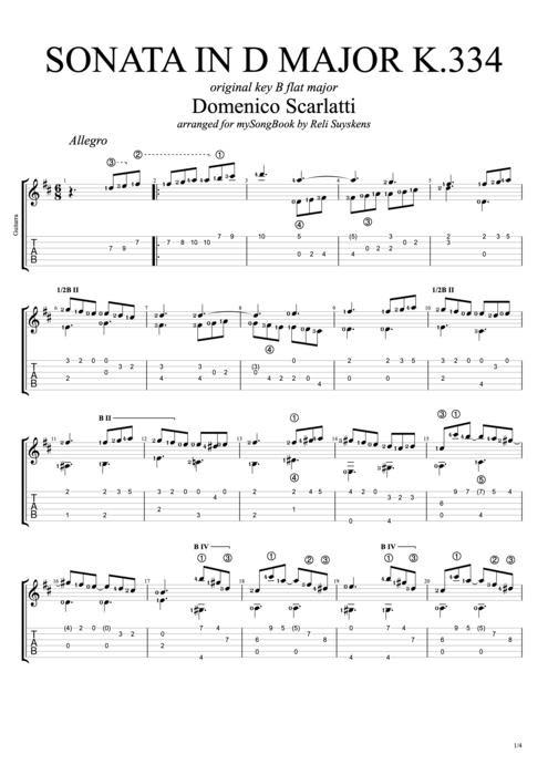 Sonata K.334 in D Major - Domenico Scarlatti tablature