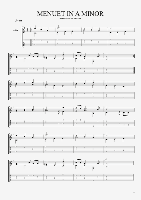 Menuet in A Minor - Johann Philipp Krieger tablature