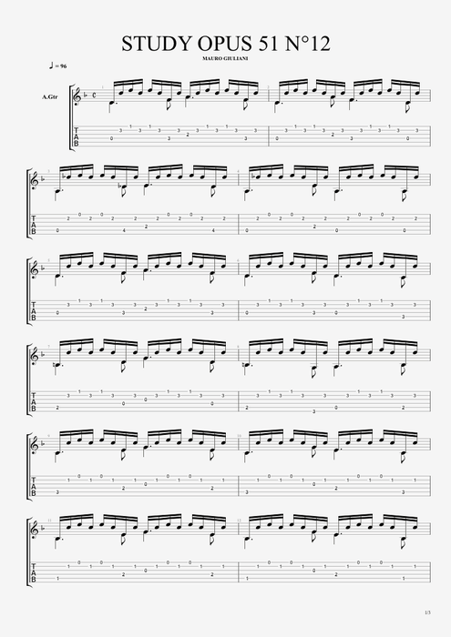 Study Opus 51 no12 - Mauro Giuliani tablature