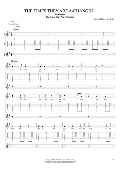 The Times They Are a-Changin' - Bob Dylan tablature