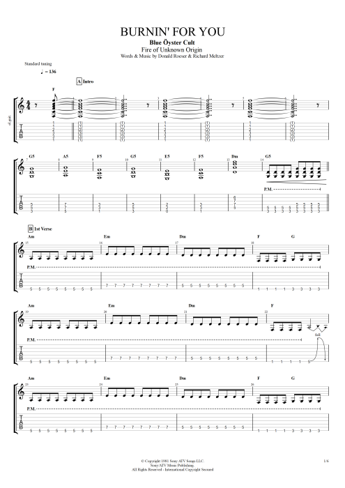 Burnin' for You - Blue Oyster Cult tablature