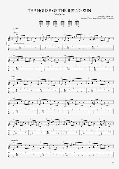 House of the Rising Sun - Traditional tablature