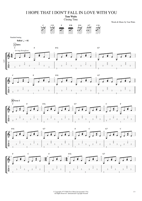 I Hope That I Don't Fall in Love with You - Tom Waits tablature