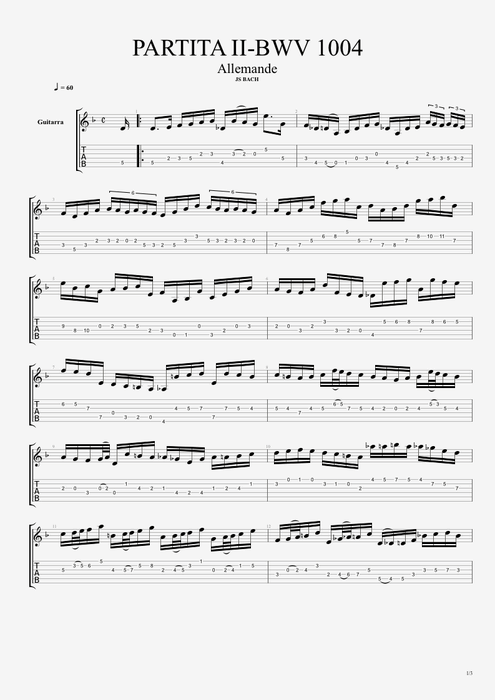 Partita n°2 BWV 1004 Allemande - Johann Sebastian Bach tablature