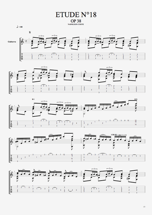 Etude Op.38 n°18 - Napoléon Coste tablature
