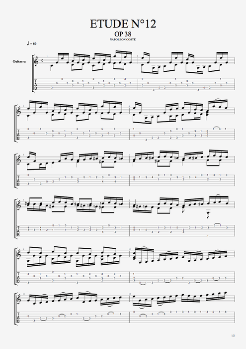 Etude Op.38 n°12 - Napoléon Coste tablature