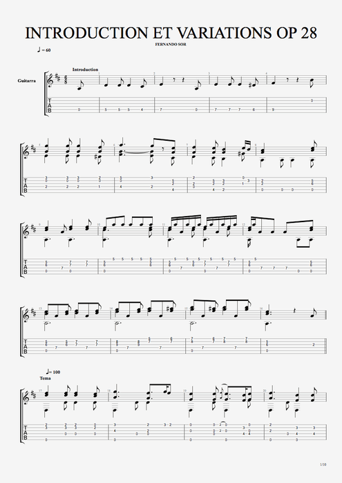 Introduction et variations Op28 - Fernando Sor tablature