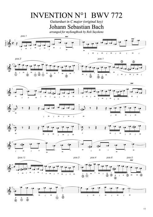 Invention n°1 in C Major BWV 772 - Johann Sebastian Bach tablature