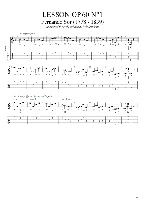 Lesson Opus 60 n°1 - Fernando Sor tablature
