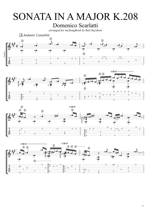Sonata in A Major K.208 - Domenico Scarlatti tablature