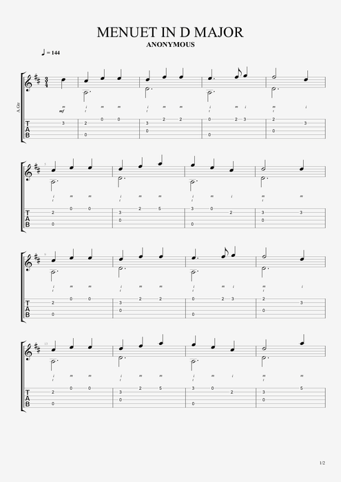 Menuet in D Major - Traditional tablature