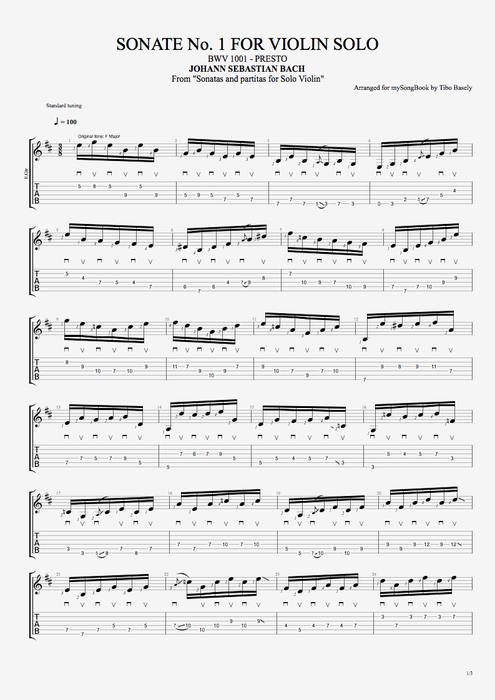 Sonata n°1 BWV 1001 Presto - Johann Sebastian Bach tablature