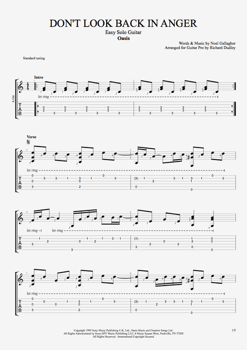 Don't Look Back in Anger - Oasis tablature