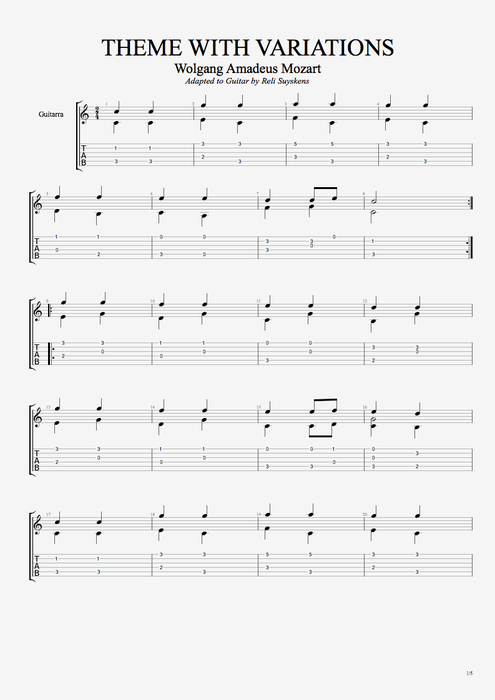 Theme with Variations - Wolfgang Amadeus Mozart tablature